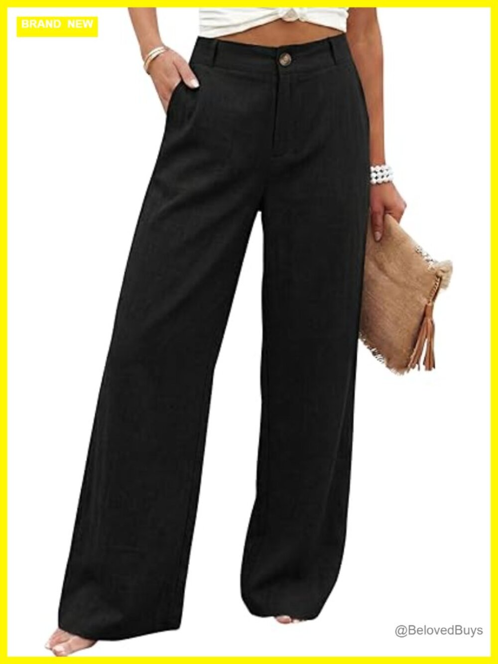 Wide Leg Linen Pants Cotton Front Button Elastic Back High Rise Casual Trousers